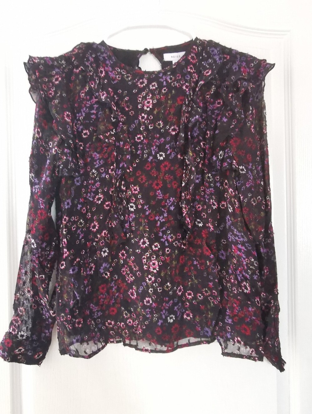 Reiss Black Sheer Floral Ruffle Blouse with Pink and Purple Accents - Picture 7 of 15